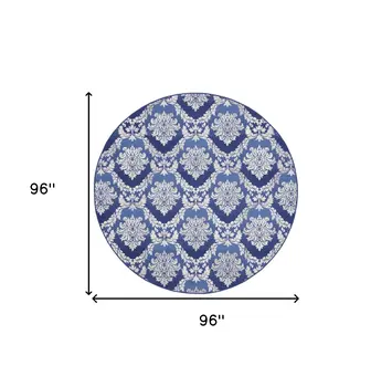 8' Ivory and Blue Damask Distressed Round Rug