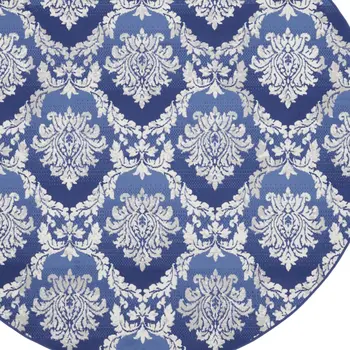 8' Ivory and Blue Damask Distressed Round Rug