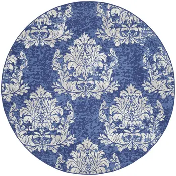 8' Navy Blue and Ivory Damask Distressed Round Rug