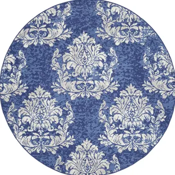 8' Navy Blue and Ivory Damask Distressed Round Rug
