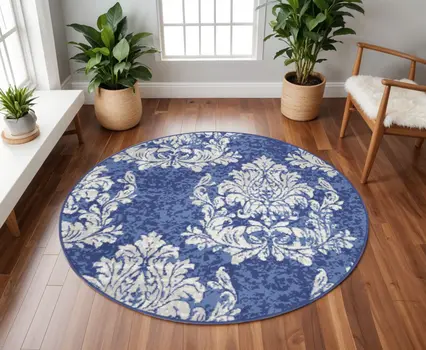 8' Navy Blue and Ivory Damask Distressed Round Rug