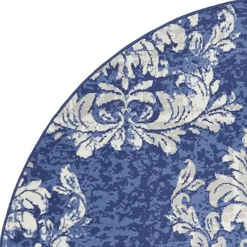 8' Navy Blue and Ivory Damask Distressed Round Rug