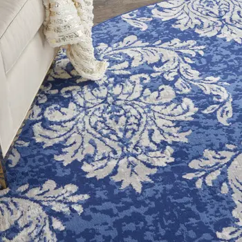 8' Navy Blue and Ivory Damask Distressed Round Rug