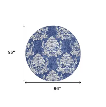 8' Navy Blue and Ivory Damask Distressed Round Rug