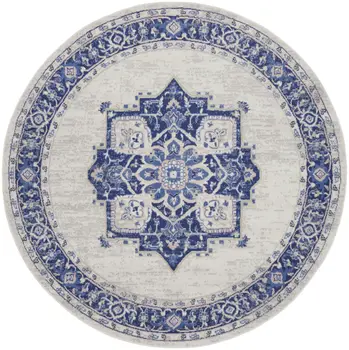8' Ivory and Blue Floral Round Rug