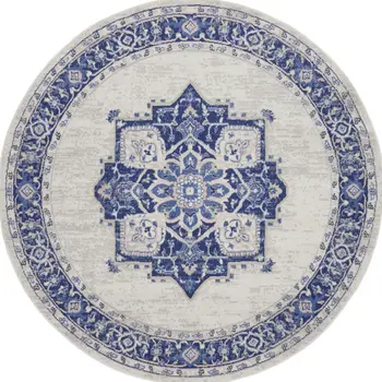 8' Ivory and Blue Floral Round Rug