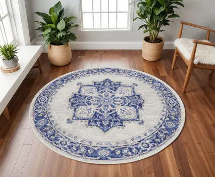 8' Ivory and Blue Floral Round Rug