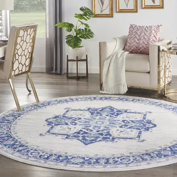 8' Ivory and Blue Floral Round Rug