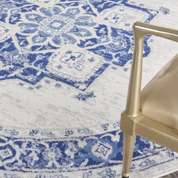8' Ivory and Blue Floral Round Rug
