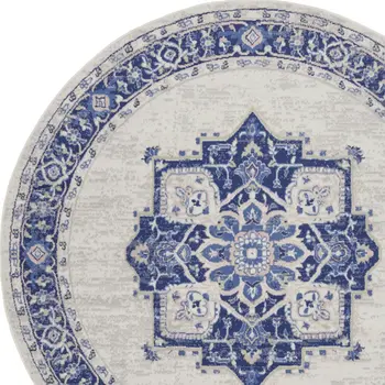 8' Ivory and Blue Floral Round Rug