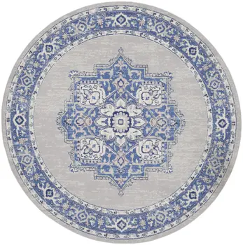 8' Ivory Blue and Gray Floral Round Rug