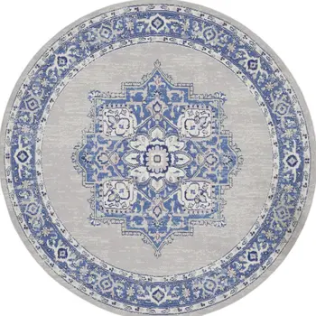 8' Ivory Blue and Gray Floral Round Rug