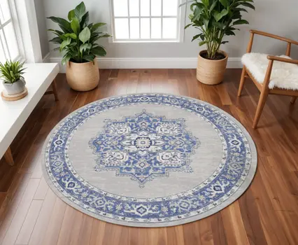 8' Ivory Blue and Gray Floral Round Rug