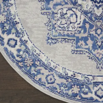 8' Ivory Blue and Gray Floral Round Rug