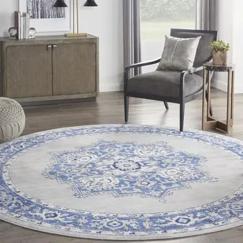 8' Ivory Blue and Gray Floral Round Rug