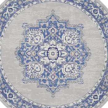 8' Ivory Blue and Gray Floral Round Rug
