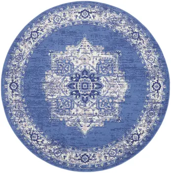 8' Ivory Navy Blue and Beige Floral Medallion Round Rug