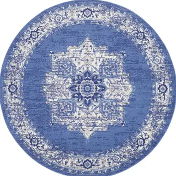 8' Ivory Navy Blue and Beige Floral Medallion Round Rug