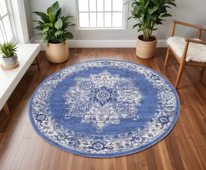 8' Ivory Navy Blue and Beige Floral Medallion Round Rug
