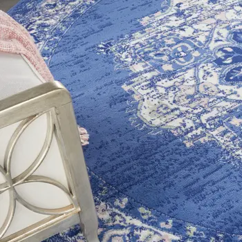 8' Ivory Navy Blue and Beige Floral Medallion Round Rug