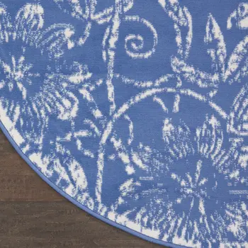 8' Ivory and Blue Floral Distressed Round Rug