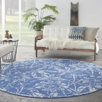 8' Ivory and Blue Floral Distressed Round Rug