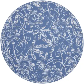 8' Ivory and Blue Floral Distressed Round Rug