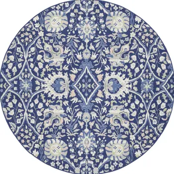 8' Navy Blue Ivory and Beige Floral Round Rug