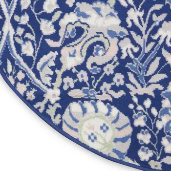8' Navy Blue Ivory and Beige Floral Round Rug