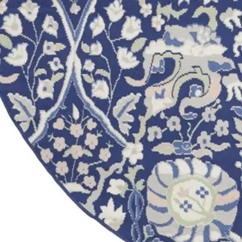 8' Navy Blue Ivory and Beige Floral Round Rug