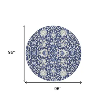8' Navy Blue Ivory and Beige Floral Round Rug