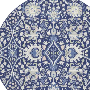 8' Navy Blue Ivory and Beige Floral Round Rug