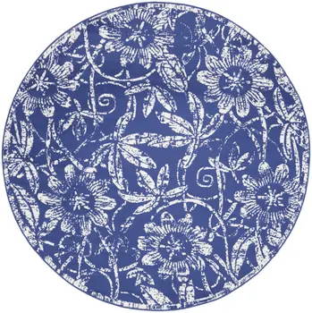 8' Ivory and Navy Blue Floral Distressed Round Rug