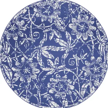 8' Ivory and Navy Blue Floral Distressed Round Rug