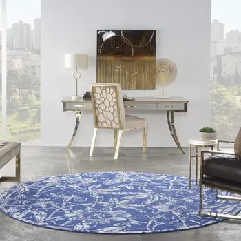 8' Ivory and Navy Blue Floral Distressed Round Rug