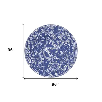 8' Ivory and Navy Blue Floral Distressed Round Rug