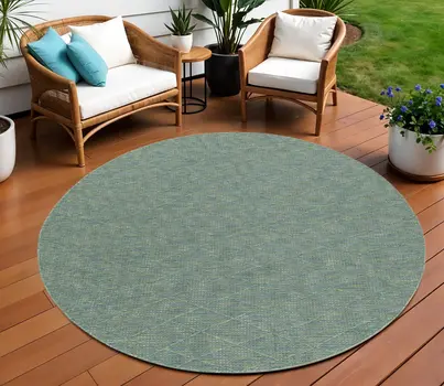 8' Blue And Green Round Geometric Indoor Outdoor Area Rug