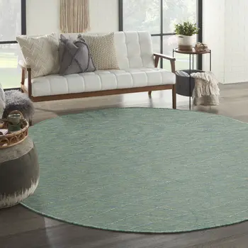 8' Blue And Green Round Geometric Indoor Outdoor Area Rug