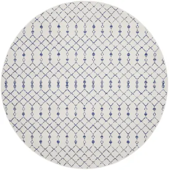 8' Ivory and Blue Geometric Round Rug
