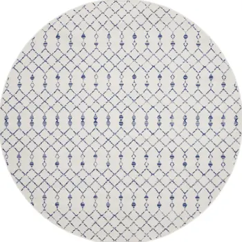 8' Ivory and Blue Geometric Round Rug