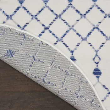 8' Ivory and Blue Geometric Round Rug