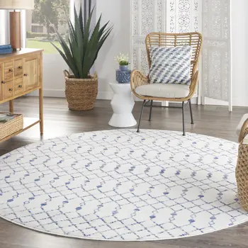 8' Ivory and Blue Geometric Round Rug