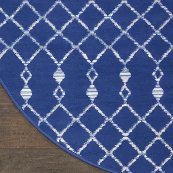 8' Navy Blue and Ivory Geometric Round Rug