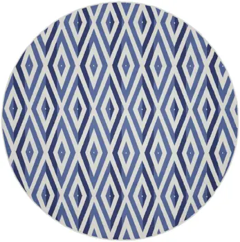 8' Ivory and Blue Geometric Round Rug