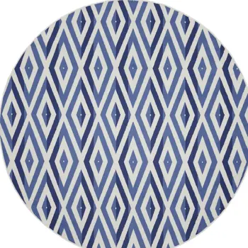 8' Ivory and Blue Geometric Round Rug