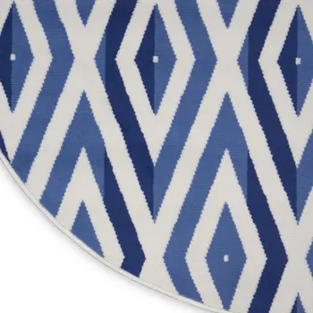 8' Ivory and Blue Geometric Round Rug