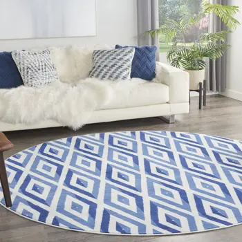 8' Ivory and Blue Geometric Round Rug