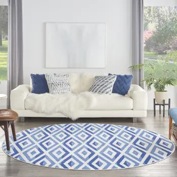 8' Ivory and Blue Geometric Round Rug