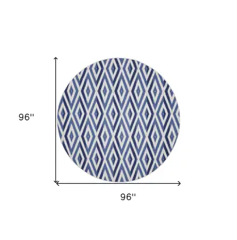 8' Ivory and Blue Geometric Round Rug