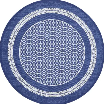 8' Ivory and Navy Blue Geometric Distressed Round Rug